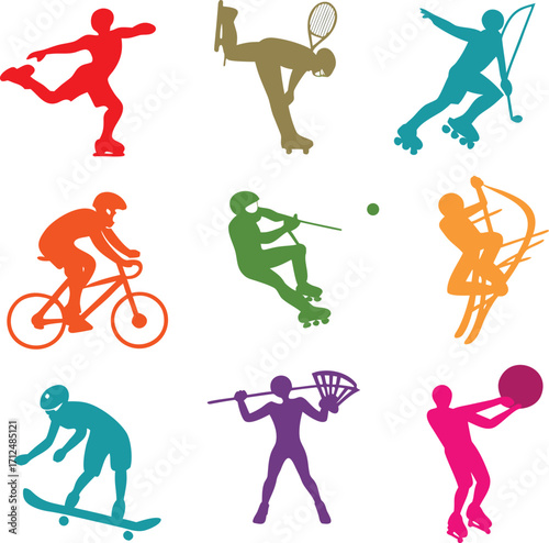 Nine Dynamic Sports Pictograms Showcasing a Range of Athletic Pursuits on White Background ice skating