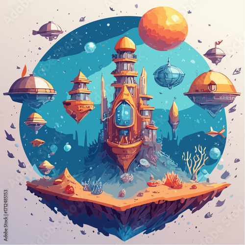A whimsical underwater castle with flying islands and marine life.