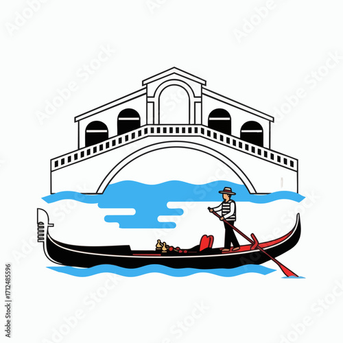 Venetian Gondola Ride Under Rialto Bridge Illustration.