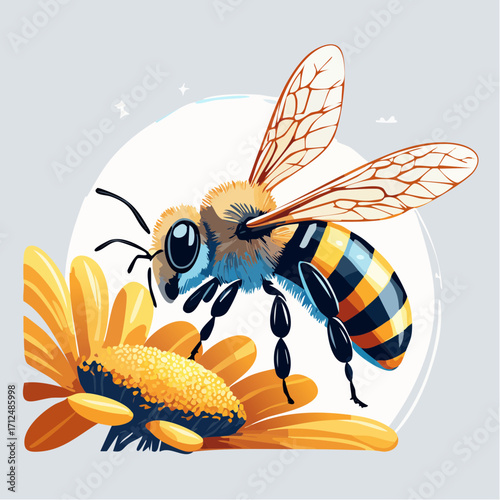 A vibrant illustration of a bee collecting nectar from a bright yellow flower, with detailed wings.