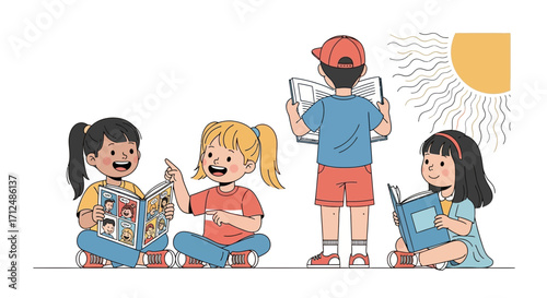 Children Delight In Reading Books Outdoors: A Sunny Day Celebration Of Literature