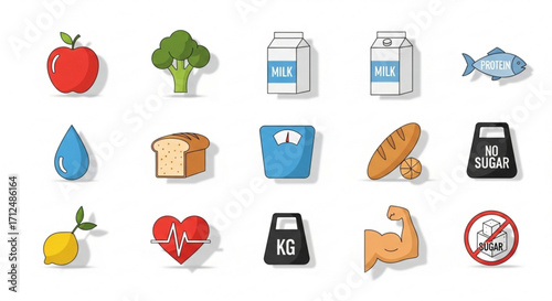 Healthy lifestyle and diet icons set collection of vector illustrations of food, exercise, and wellness for a balanced life