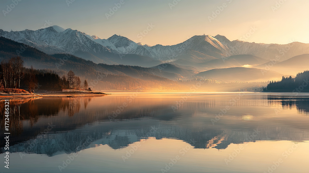 Fototapeta premium Calm lake mirror reflecting mountain peaks