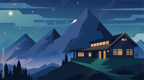 As the stars begin to le in the sky the mountain lodge at dusk exudes a sense of calm and tranquility as if time stands still in this remote location.