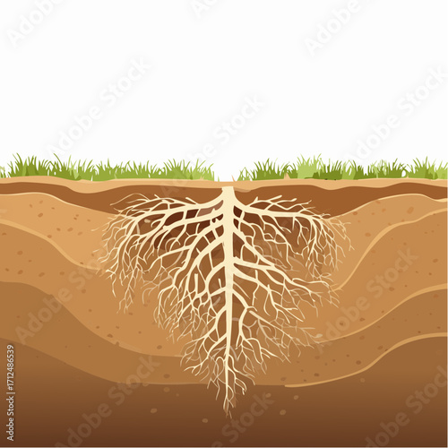 Detailed Illustration of Plant Root System in Soil