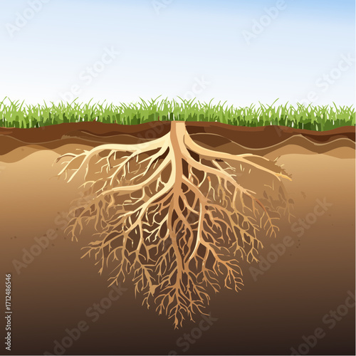Detailed Illustration of Tree Roots System in Soil