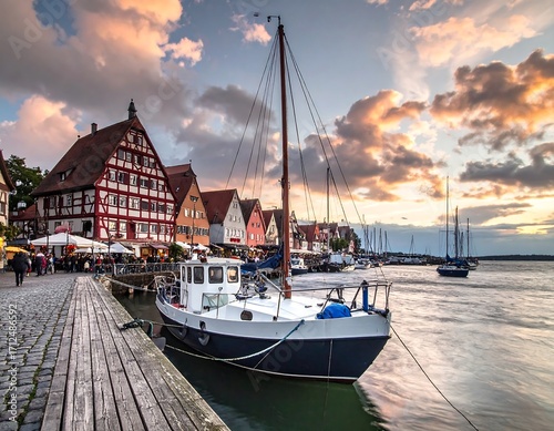 Quaint harbor town at sunset