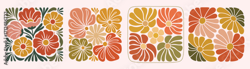 Square Boho Matisse Floral Vector with Handcrafted Oversized Blooms in Coral, Ochre and Olive Green, Vintage Cream Background, Elegant Boho Blooms Text and Golden Leaf Accents