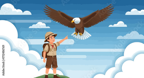 Boy Scout Points At Soaring Eagle In A Sky Filled With Fluffy Clouds
