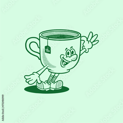 tea cup with tea bag retro cartoon character mascot illustration with happy face for herbal product, plantation, grocery, health food, cafes mascots and merchandise. groovy, vector, editable, icon