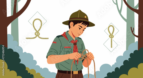 Boy Scout Tying Knot Illustration Demonstrates Camping Skills, Nature, And Outdoor Practices