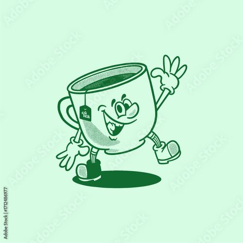 tea cup with tea bag retro cartoon character mascot illustration with happy face for herbal product, plantation, grocery, health food, cafes mascots and merchandise. groovy, vector, editable, icon