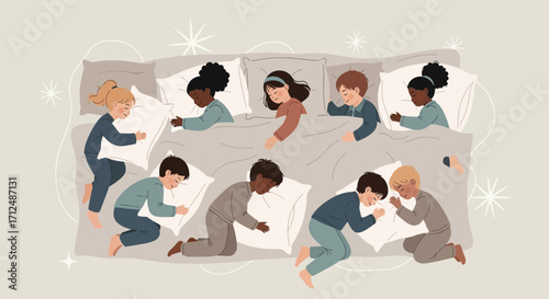 Children Dreaming Sweetly Together Asleep in Their Beds With Charming Illustrations