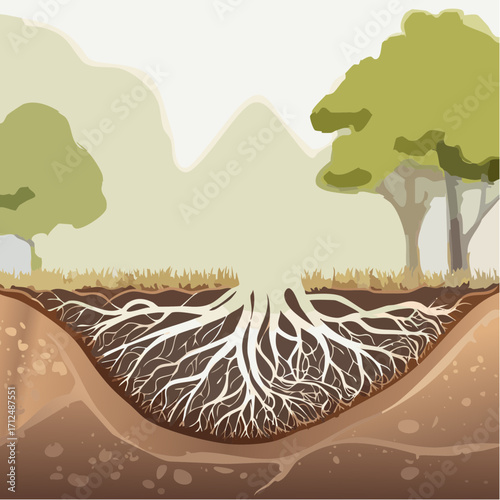 Tree Roots System Under Ground Soil Cross Section Illustration
