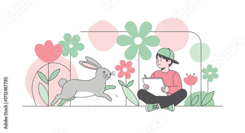 Boy Sketches Energetic Bunny Surrounded by Flower Graphics In Modern Line Art Style