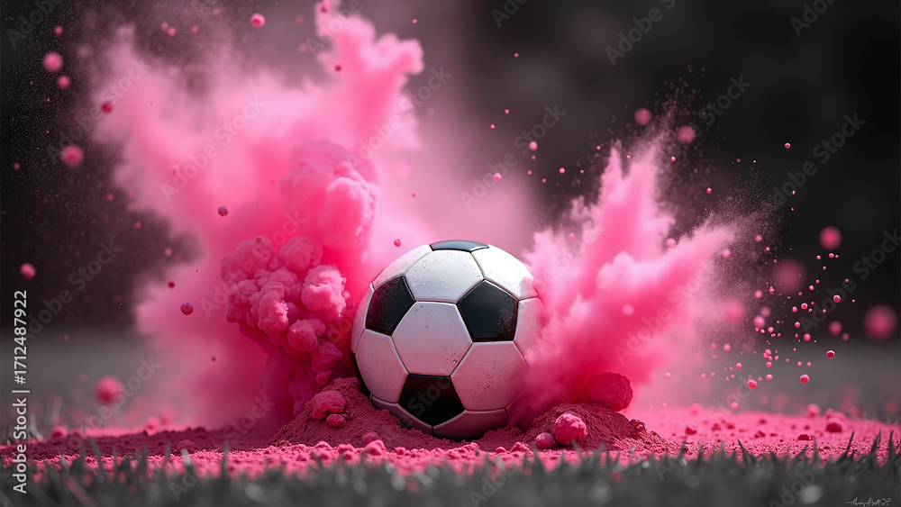 Naklejka premium Soccer ball erupts in pink powder—vivid burst ignites monochrome calm with celebratory motion and contrast. 