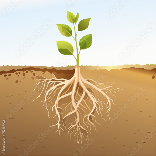 Young Plant with Extensive Root System in Brown Soil