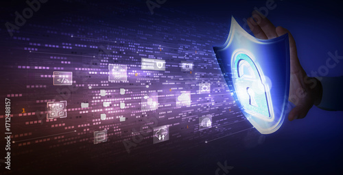 Cyber security concept with shield and padlock on blue background 3D rendering. Digital data protection in glassmorphism style.