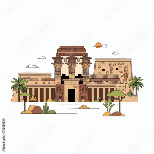 Ancient Egyptian Temple Complex with Palm Trees and Desert Landscape.