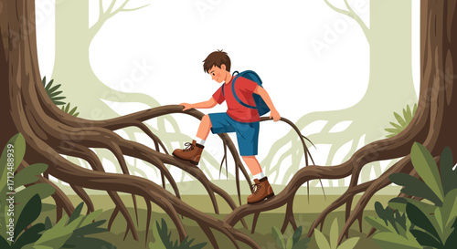 Boy Trekking Across Tree Roots Immersed In Forest Environment Illustration