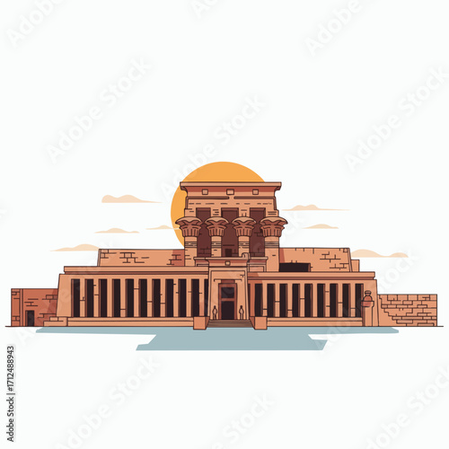 Ancient Egyptian Temple Illustration with Sunset Sky.