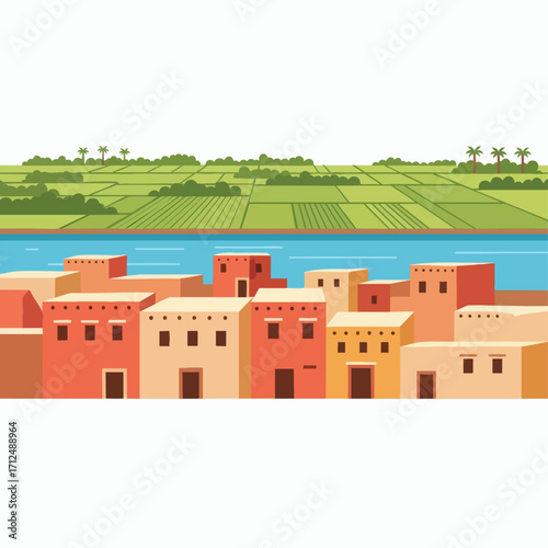 Ancient Egyptian Village Along the Nile River with Green Fields.