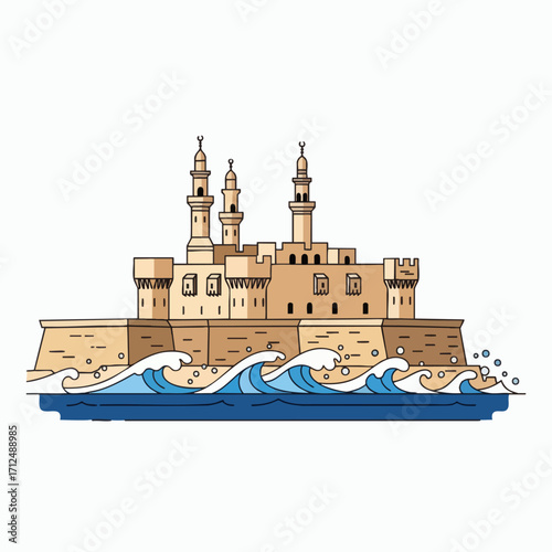 Ancient Fortress on the Water with Waves.