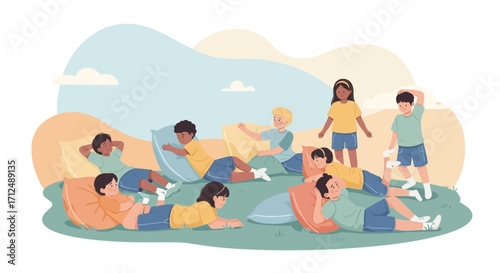 Children Enjoy Pillow Fight Outdoors, Playing Together in a Fun And Relaxed Atmosphere