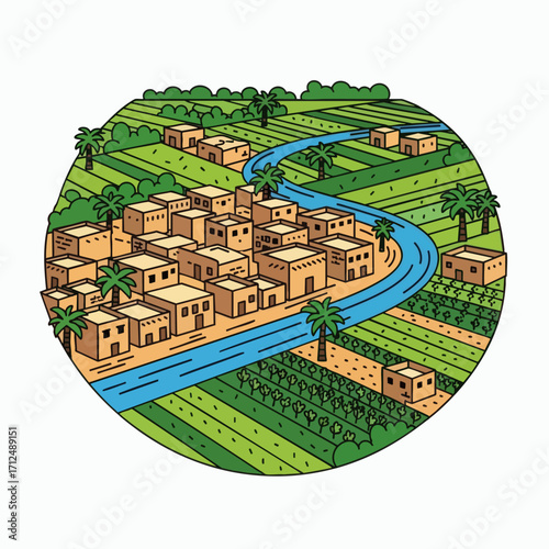 Ancient Egyptian Village Life Along the Nile River.