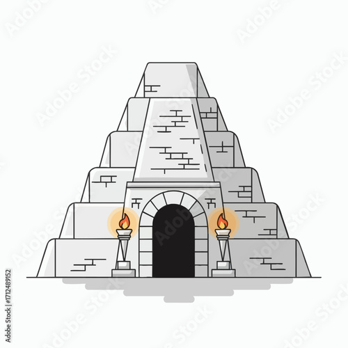 Ancient Stone Pyramid with Torches Illuminating Entrance.