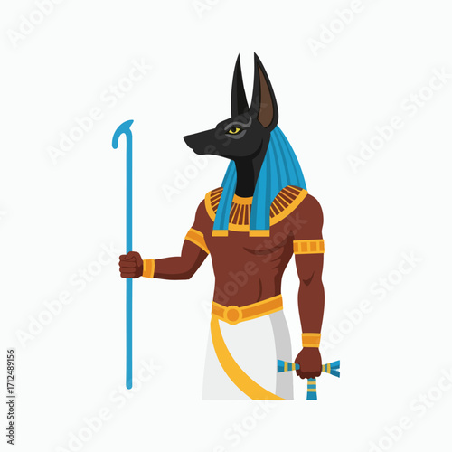 Anubis Egyptian God with Staff and Ankh Symbol.
