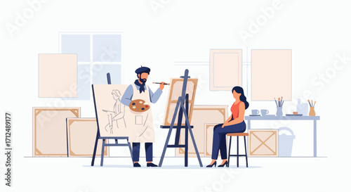 Artist painting portrait of woman in art studio.