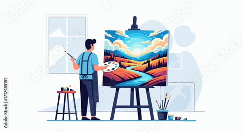 Artist painting a vibrant landscape on an easel in a bright studio.