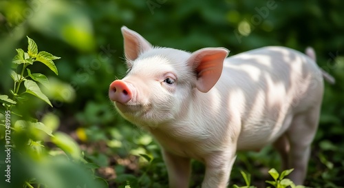 Cute Piglet in a Green Garden.