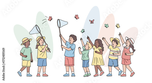 Children Enjoying A Day Outdoors Watching Butterflies On A Pleasant And Sunny Day
