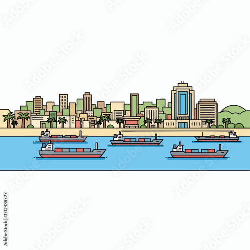 Cargo ships sailing on the sea with a city skyline in the background.