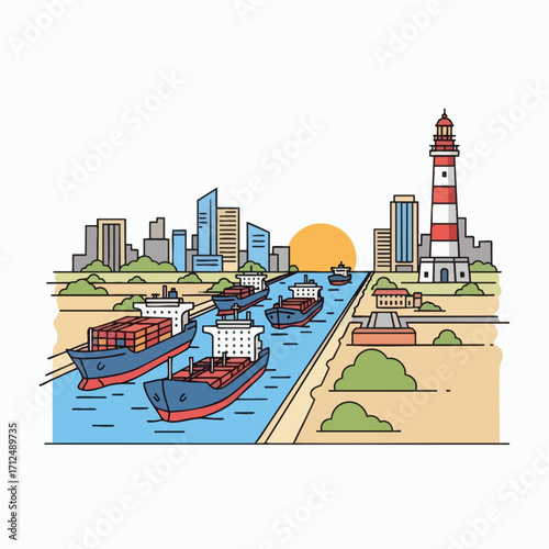 Cargo ships navigating a busy canal with a city skyline and lighthouse at sunset.