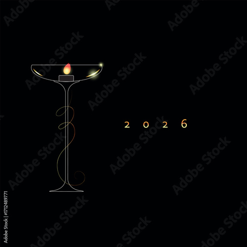 A Little Candle in the transparent Glass with Serpentine wrapped around the stem and numbers 2026 Luxury style Black Baclground