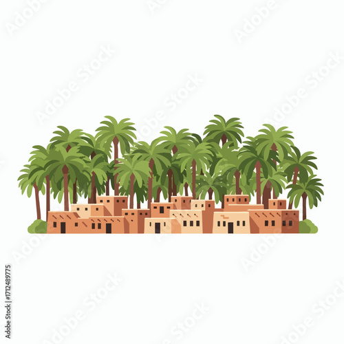 Cartoon illustration of an oasis village with traditional houses and lush palm trees.