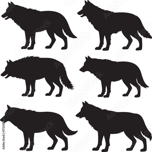 Set of wolf silhouettes on white background .