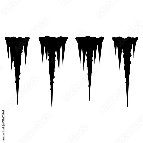 Vector graphic collection of black icicle silhouettes. Set of four isolated frozen winter design elements