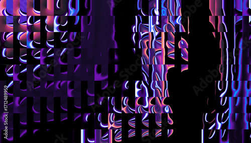 Abstract glitch art with vibrant purple and pink hues and distorted geometric patterns