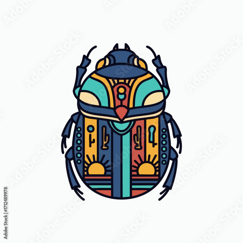 Colorful Egyptian Scarab Beetle with Ancient Hieroglyphics.