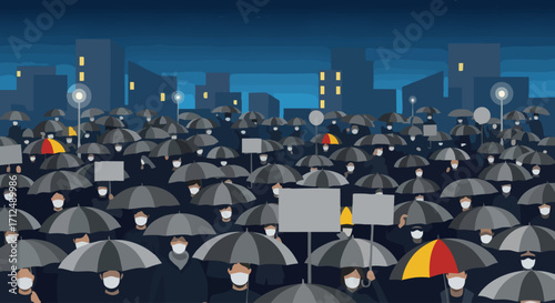 Crowd of people with umbrellas protesting in a city at night with one colorful umbrella standing out.