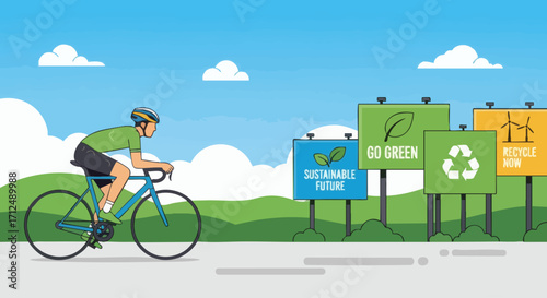 Cyclist riding past green energy billboards on a sunny day.