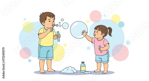 Children Enjoying Bubbles In An Illustrative Scene Of Playful Childhood Moments
