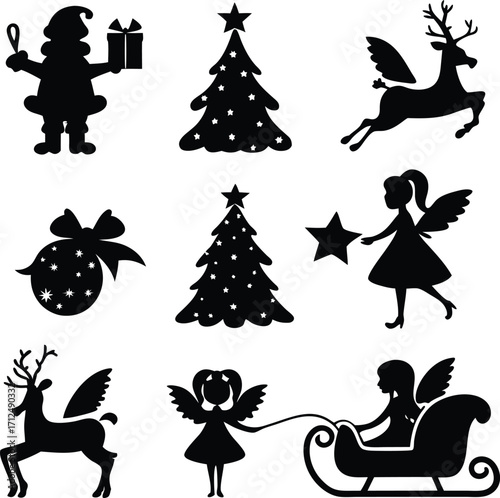 Christmas silhouette set featuring santa claus with reindeer and sleigh