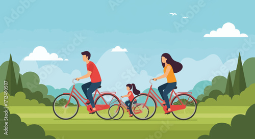 Family enjoying a bike ride together in a park on a sunny day.