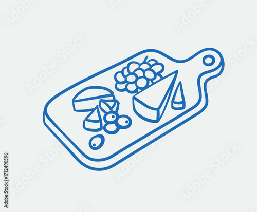 Hand-drawn cutting board with food. Line art, ink, minimalist style. Vector illustration. Winter holidays collection.
