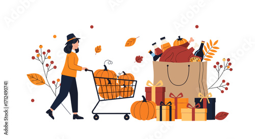Person Pushing Shopping Cart Full of Pumpkins Towards Thanksgiving Gifts.